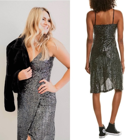 CUPCAKES & CASHMERE Sequin Faux Wrap V-Neck Sleeveless Tulip Hem Slip Dress XS - Picture 6 of 9